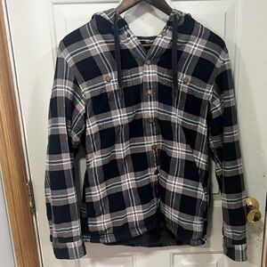 L.L. Bean Plaid Hooded Shacket Mens Size Small Snap Front Fleece Lined Flannel